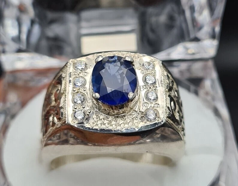 Natural Blue Sapphire Gemstone With 925 Silver Plated Ring for Men's ALL Size - Image 4 of 4