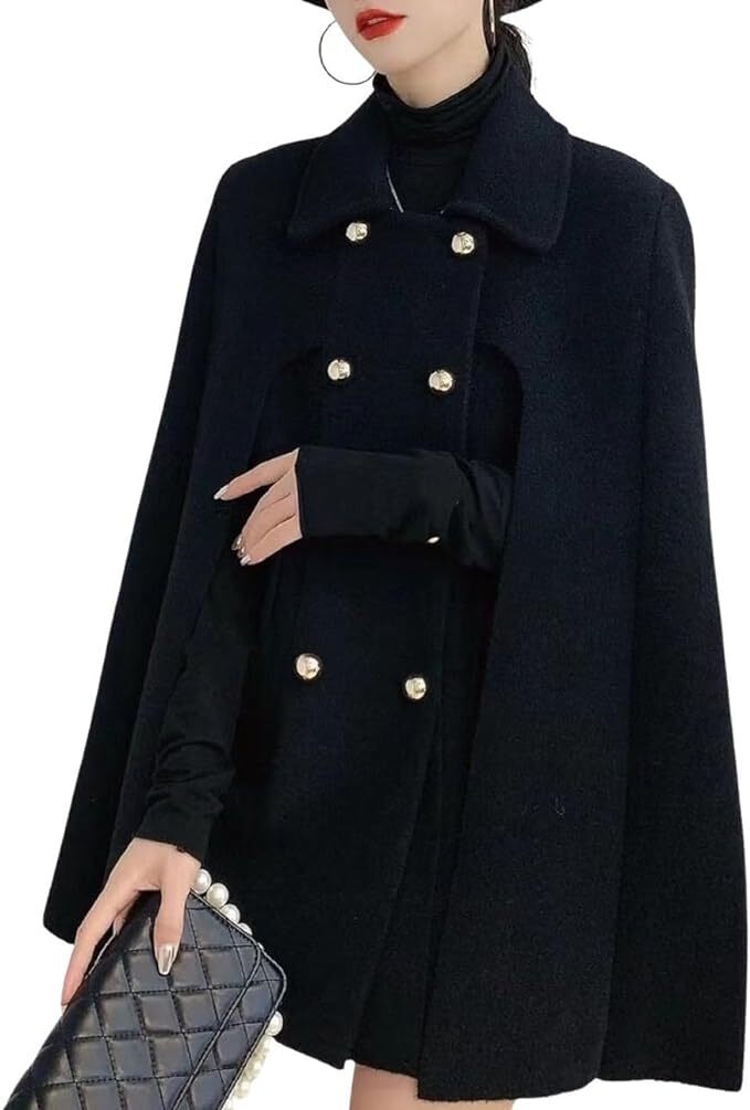 Women's Elegant Poncho Double-Breast Slit Sleeve Flowy Wool Women's Elegant Poncho Double-Breast Slit Sleeve Flowy Wool