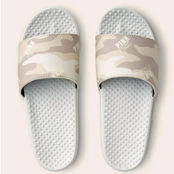 VICTORIA'S SECRET PINK LOGO WHITE CAMO SLIDES SANDALS BEACH SHOWER SHOES S M L