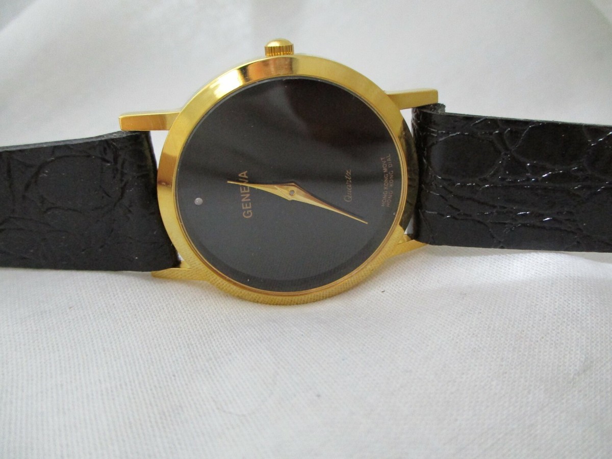 Vintage Geneva Black & Gold Watch, Textured Leather Buckle Band With Animal Hide Geneva Watch Black Genuine Leather Buckle Band Gold Toned  main image 3