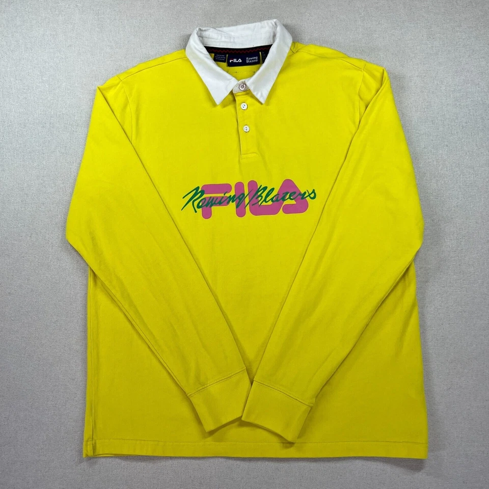 FILA x Rowing Blazers Shirt Men's L Yellow 100% Cotton Rugby Long Sleeve Button - Image 2 of 4