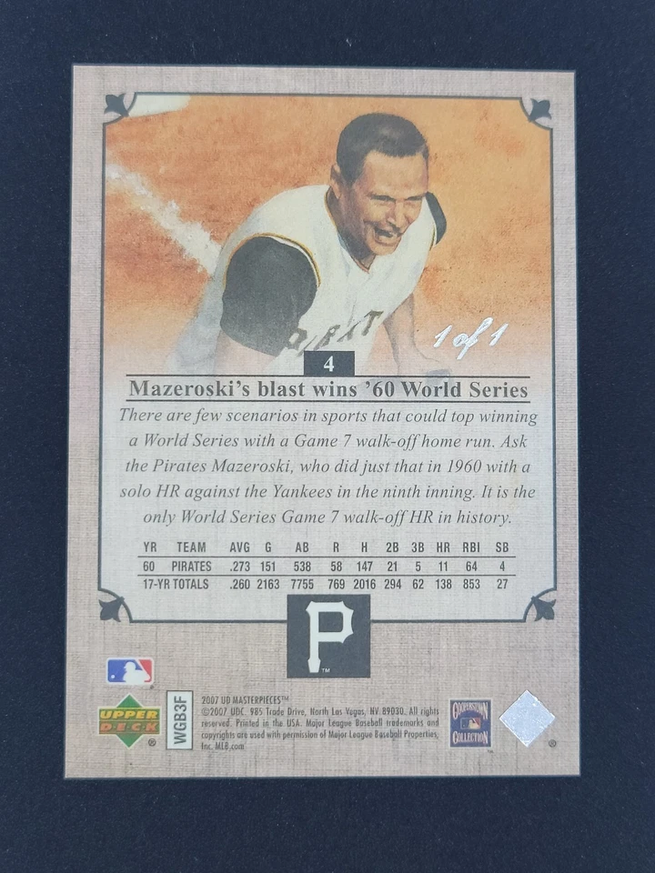 2007 Bill Mazeroski UD Masterpieces Urban Gray True 1/1 Pittsburgh Pirates - Image 2 of 2