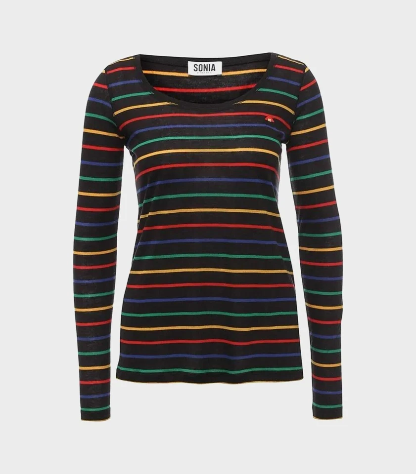 SONIA RYKIEL WOOL BLEND KNIT BLACK TEE TOP LONG SLEEVE NECK SCOOP MULTI STRIPE L - Image 3 of 4