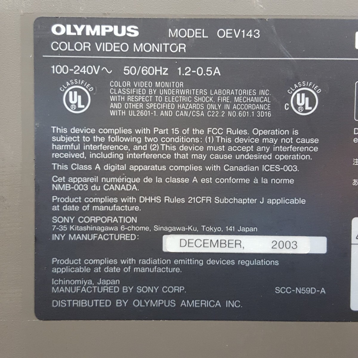 Olympus OEV143 Color Video Monitor 13'' w/PwrCrd *Dnt'd Top Olympus OEV143 Color Video Monitor 13'' w/PwrCrd *Dnt'd Top