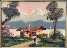 Old German Bavarian Alps River Landscape Oil Painting Female Figure Walking Home