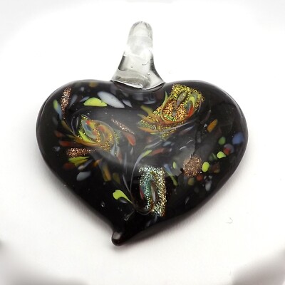 Murano Glass Black Gold Glitter Leaves Feathers Flower Puffy Heart