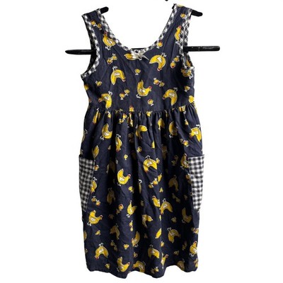 VTG Girls Navy Blue Chicken Novelty Print Pinafore Dress Cottage Prairie Farm