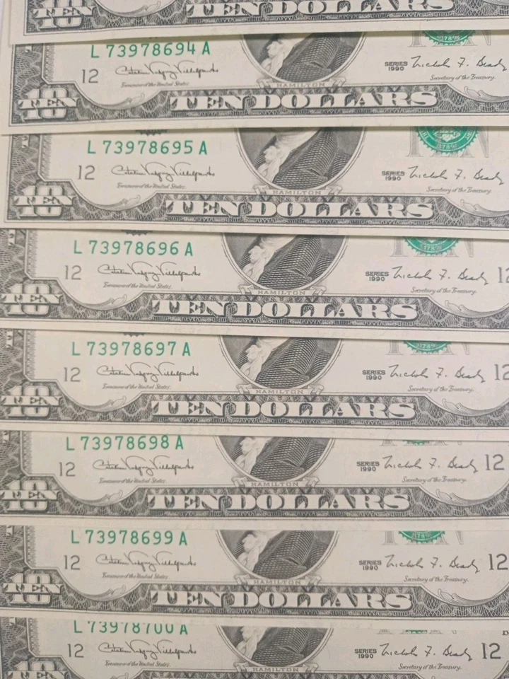 1990 $10 Dollar Bill Note UNC Sequencal Order 10 Notes San Francisco - Image 3 of 3