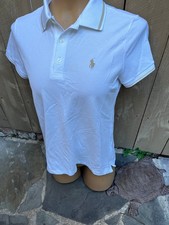 Ralph Lauren Polo Golf WHITE w/ Tan Stripe Trim Short Sleeve Polo Shirt Men's S