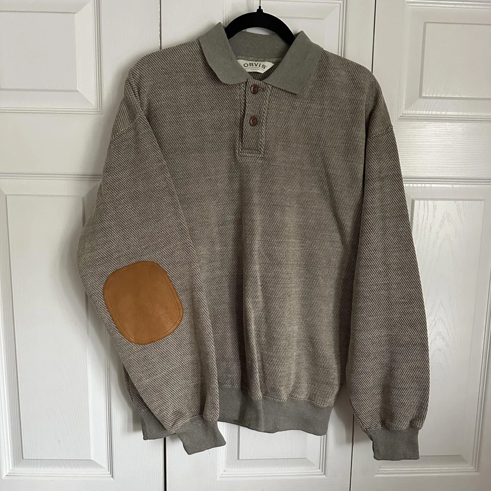 Vintage Orvis Sweatshirt Mens M Collar Elbow Patches Fleece Lined Rugby Grandpa - Image 2 of 4