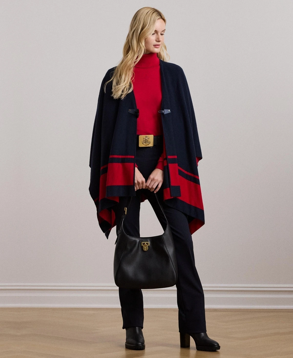 Lauren Ralph Lauren Women's Intarsia-Knit Two-Tone Poncho Navy Size L/XL 2164