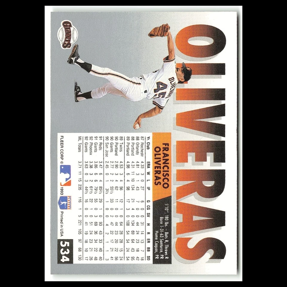 Francisco Oliveras #534 1993 Fleer San Francisco Giants Baseball Card MLB NM - Image 2 of 3