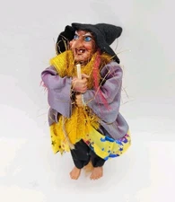 Hanging Witch Decoration Kitchen Witch On Broom Halloween Old Hag Purple Yellow 