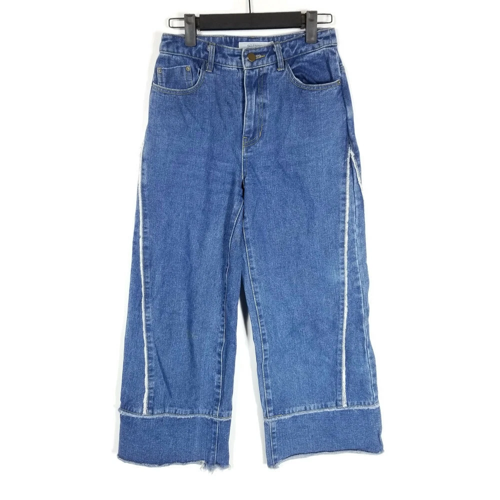 SOFSIL Wide Leg Capri Jeans Womens 26 Medium Wash Patchwork Raw Hem 25x24