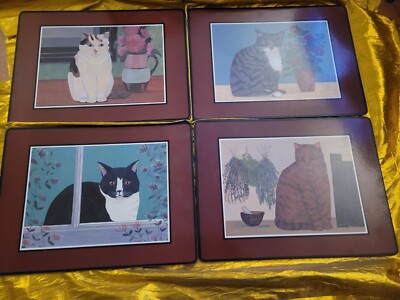 Vintage Cat TV Trays - 4 Set of Dinner Trays Wooden Wood - 15.5x11.5x.25 Inches