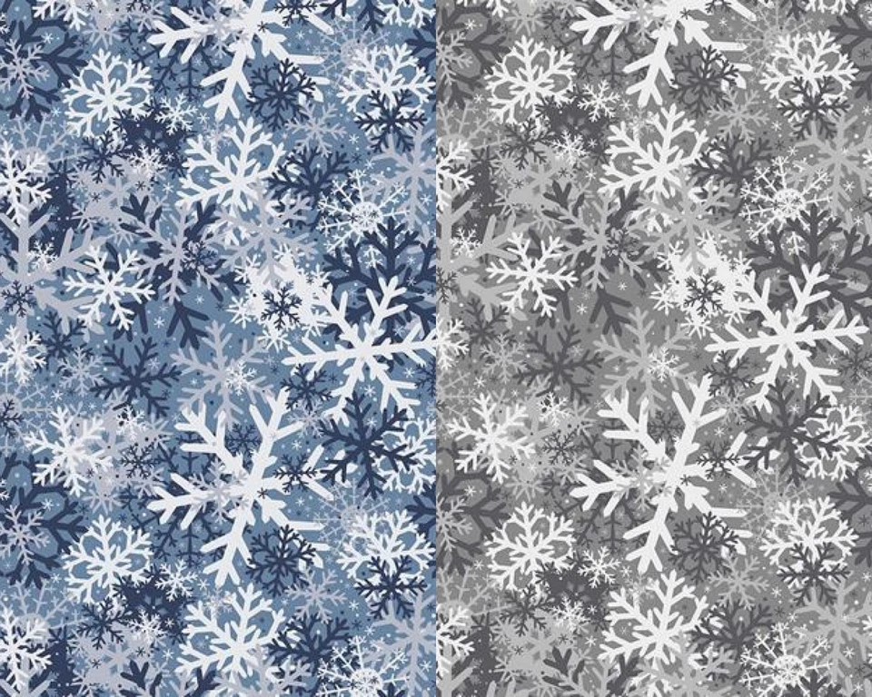 CRAFTY FABRICS Camouflage Snowflakes Christmas Fabric 140cm wide 100% Cotton Grey or Blue