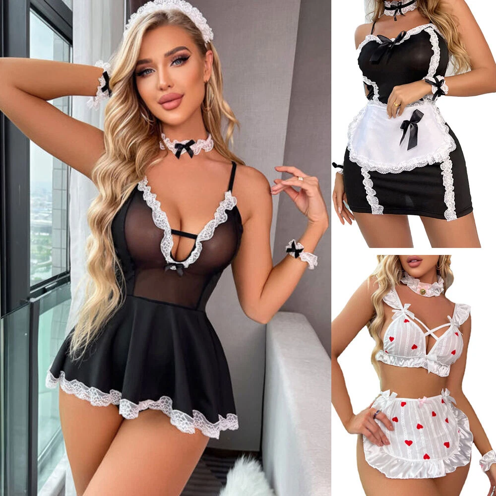 Sexy Women Cosplay Maid Uniform Lingerie Outfit Dress Sleepwear Choker Cuff  Set