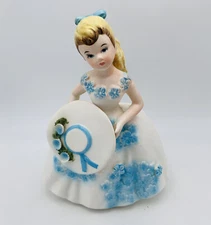 Lefton Girl Planter Blue Floral Dress Cottage Belle Vintage Kitschy Japan 7”