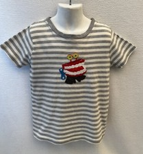 MINI BODEN Gray Striped Wind Up Chattering Teeth Applique SS Tee Shirt Sz 5-6