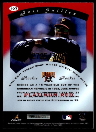 1997 PINNACLE TOTALLY CERTIFIED PLATINUM RED ROOKIE Jose Guillen /3999 - Picture 2 of 2