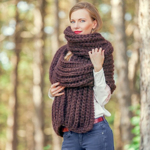 Thick brown fuzzy mohair scarf extra long shawl handknit neck warmer SUPERTANYA - Picture 6 of 6