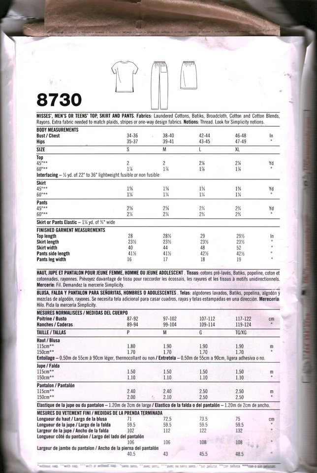 8730 Vintage Simplicity SEWING Pattern Mens Miss Top Skirt Pants Uniform Scrubs - Image 2 of 2