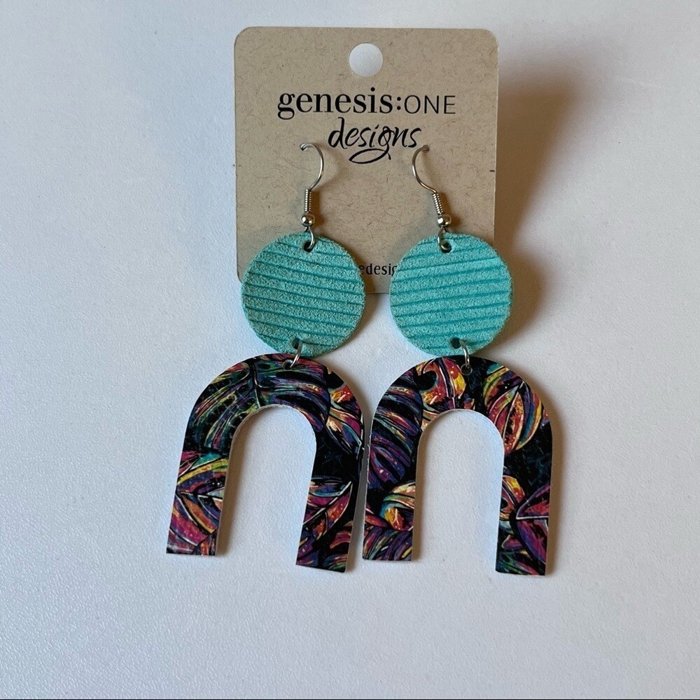 NEW Boutique Genesis: One Designs Rainbow Leather Dangle Earrings teal blue