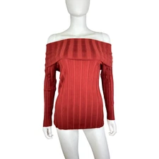 INC Women's Red Off-The-Shoulder Ribbed Sweater Size Medium