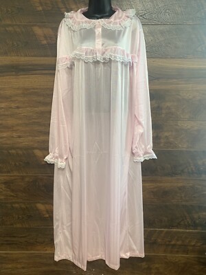 Vermont Country Store Night Gown Womens 1X Pink Nylon Lace Ruffled