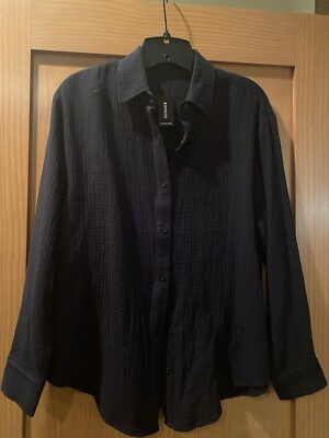 Express Ladies Black Crinkle Boyfriend Portofino Button Down Shirt NWT Size S