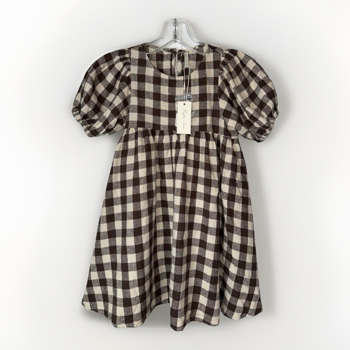 brown gingham puff sleeve dress Brown Gingham Button Down Maxi Dress main image 1