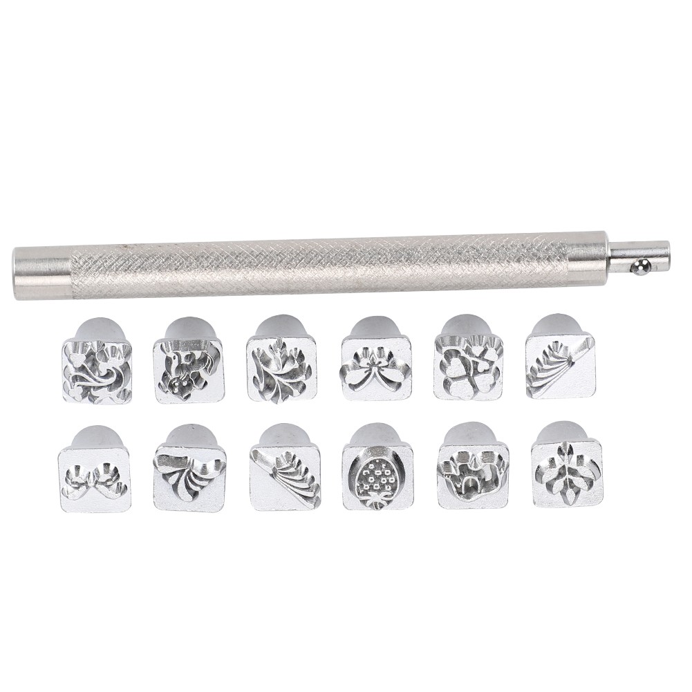12Pcs Stamping Punch Tool Plants Animals Pattern Leather Craft Carving Stamp
