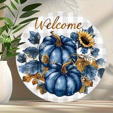 Welcome Autumn Metal Sign Rustic Retro Blue Pumpkin Sunflower Home Wall Decor