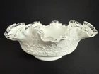 Vintage Fenton 9.75" Milk Glass Spanish Lace Silver Crest Ruffled Top Glass Bowl