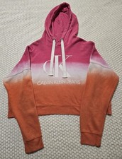 Calvin Klein Jeans Cropped Hoodie Womens Pink Orange Ombre CK Logo Sweatshirt