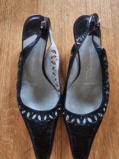 Sigerson Morrison Women's Black Patent Leather Kitten Silver Toned Heel Sz. 6.5