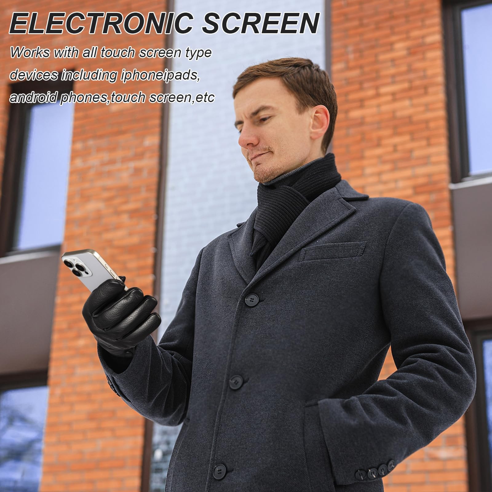 Mens Leather Touchscreen Gloves, Warm Cashmere Lined Driving Gloves