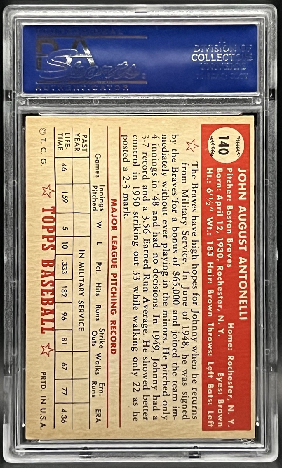 1952 Topps Johnny Antonelli #140 - PSA 6 view 2