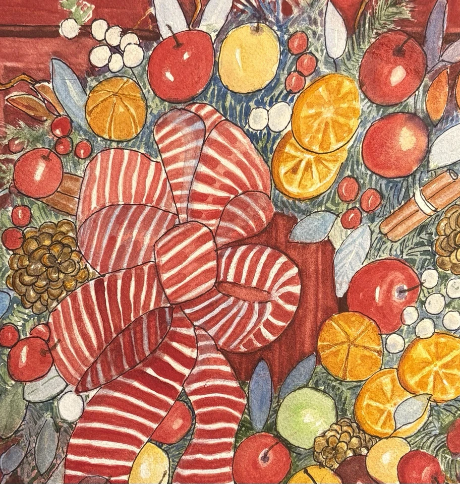 Рождественский оригинальный акварельный чернила 14x14 праздничный венок апельсины декор красной двери - Изображение 2 из 4