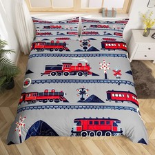 Red Train Toddler Bedding Set Queen Size For Girls Kids Boys Cartoon Car Duve...