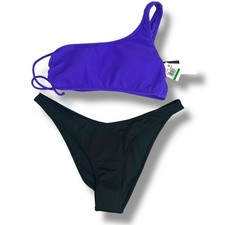 NEW Purple  Black Bikini Set Large One Shoulder Brazilian Cheeky Boho Beach