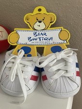 NEW Build A Bear Shoes White Blue Red Stripes Tennis Sneakers Pair