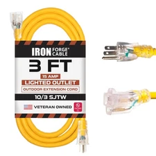3 Ft Lighted Outdoor Extension Cord - 10/3 SJTW Yellow 10 Gauge Extension Cable