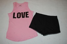 Womens Pajama Set PINK "LOVE" TANK TOP Glitter BLACK SHORTS Lace Trim L 12-14