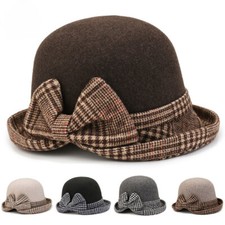 Women Felt Bucket Hat Cloche Church Bowler with Bow Houndstooth Retro Winter
