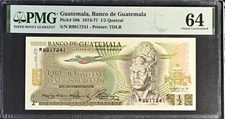 GUATEMALA 1/2 QUETZAL 1975 PREFIX LETTER R p58b PMG 64 CHOICE UNC