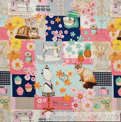 BonEful Fabric FQ Cotton Quilt Blue Pink White Cat Calico Flower Sewing Machine