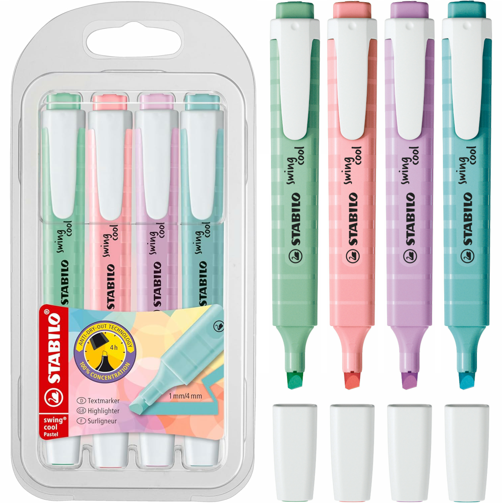 Highlighter - STABILO swing cool Pastel - Pack of 4 - Assorted Colours