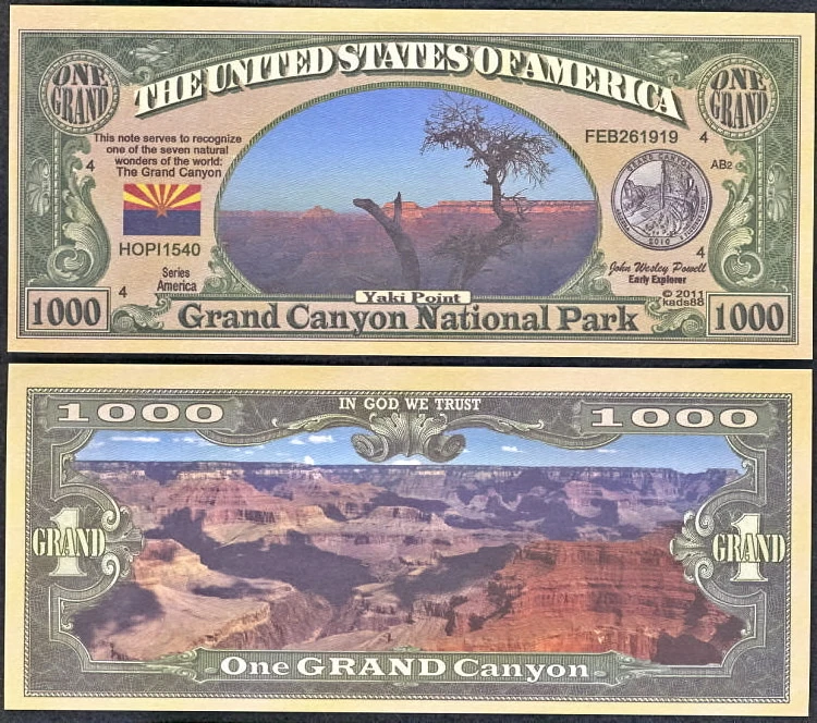 Grand Canyon ~ One Grand Dollar Bill Play Funny Money Novelty Note + FREE SLEEVE