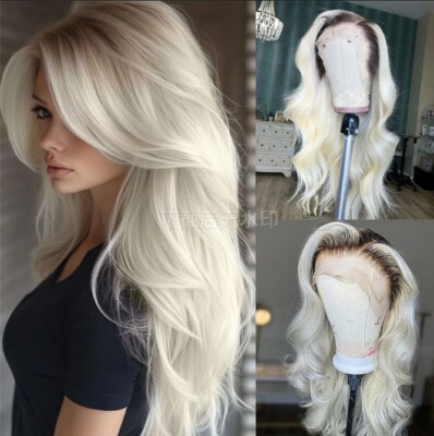 Highlight Platinum Blonde Body Wave Lace Front Human Hair Wigs With Dark Roots